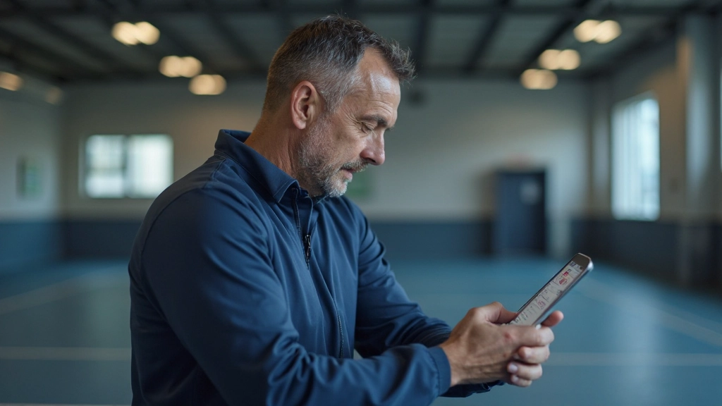 Handball coach analyzing game footage and tactical strategies during team meeting