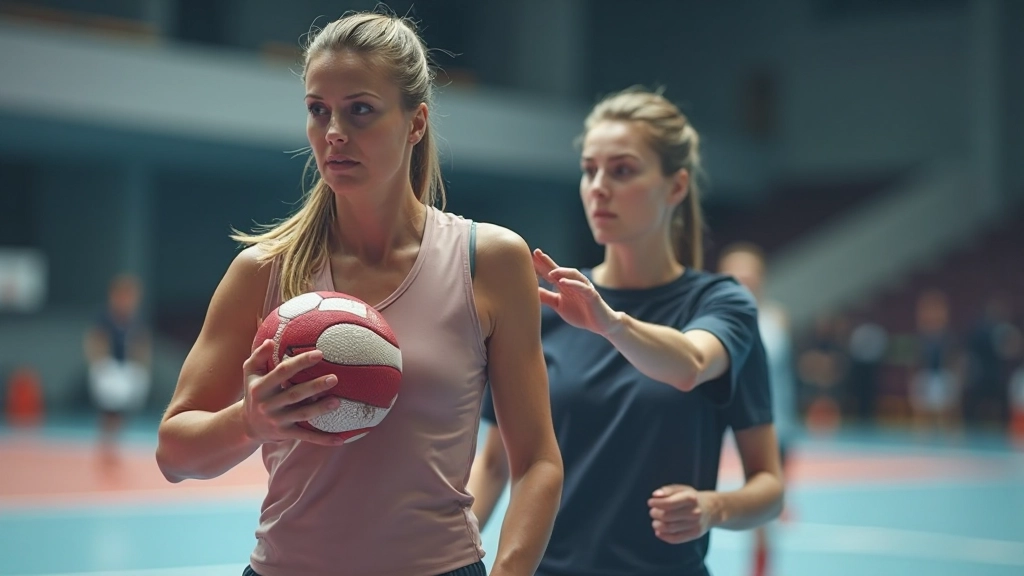 Handball team players executing shoulder pass and bounce pass during structured training drill