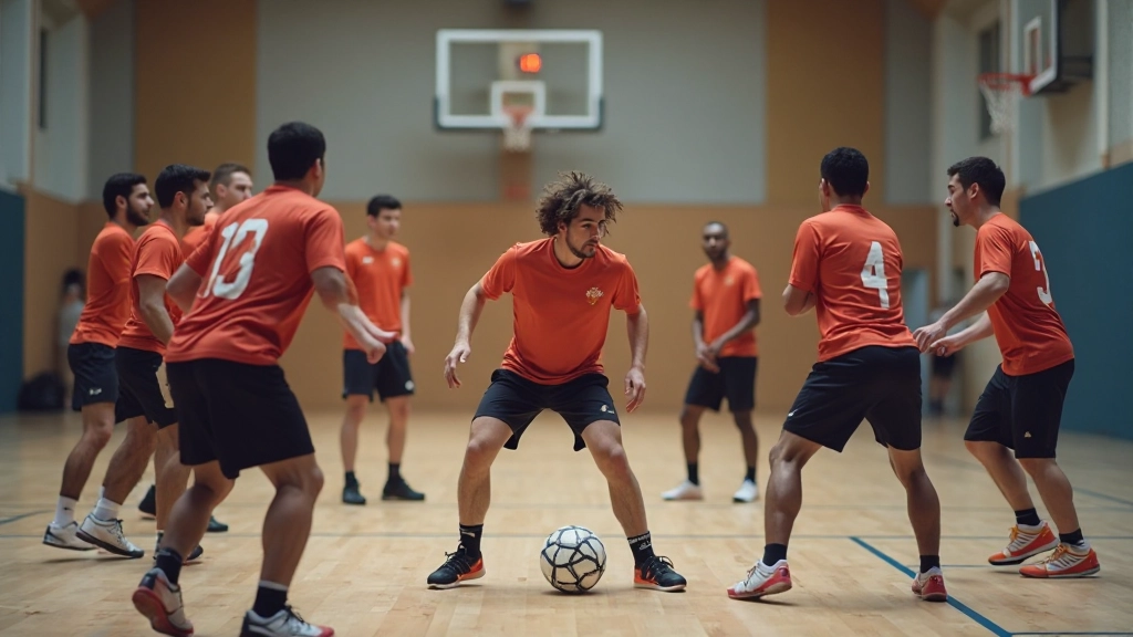 Professional handball team in defensive formation during training session