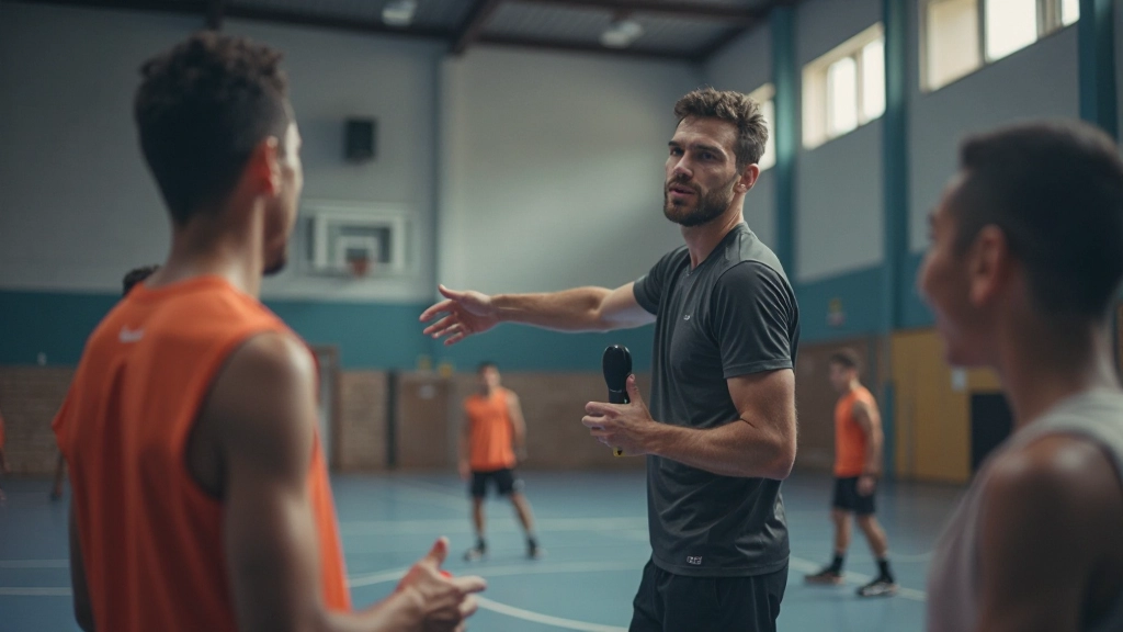 Coach demonstrating passing technique with young athletes during practice session