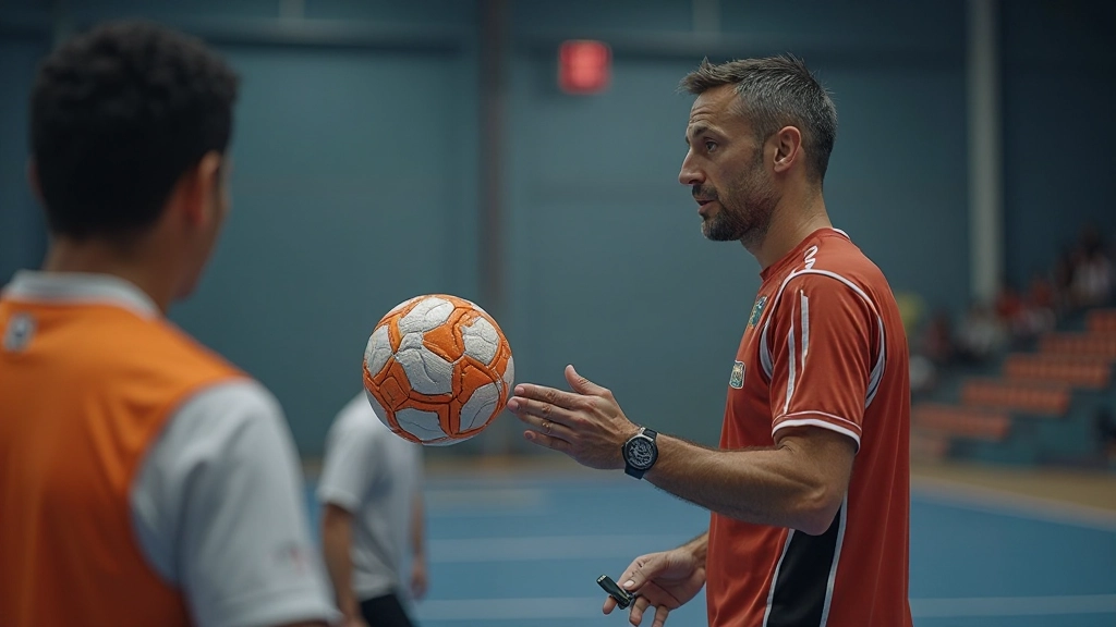 Professional handball coach demonstrating training techniques with team athletes on court