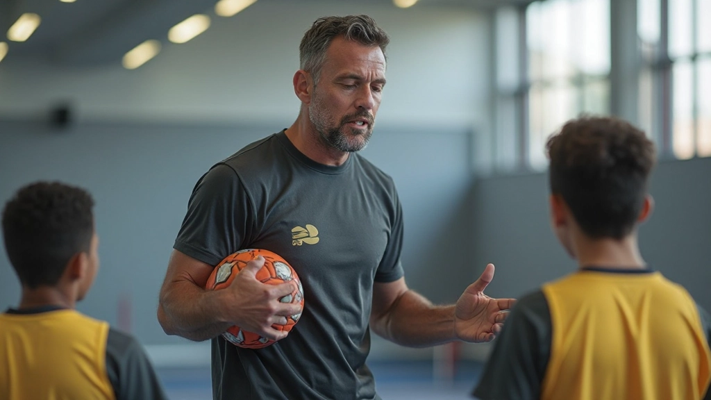 Handball coach demonstrating defensive positioning concepts to players during training