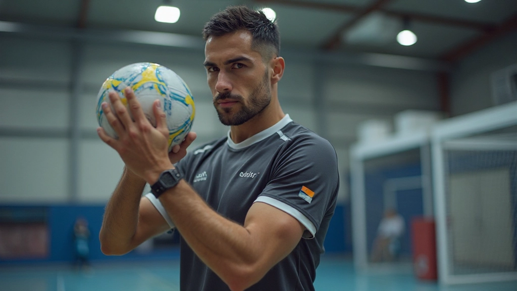Professional handball player demonstrating wrist pass grip and arm positioning during training